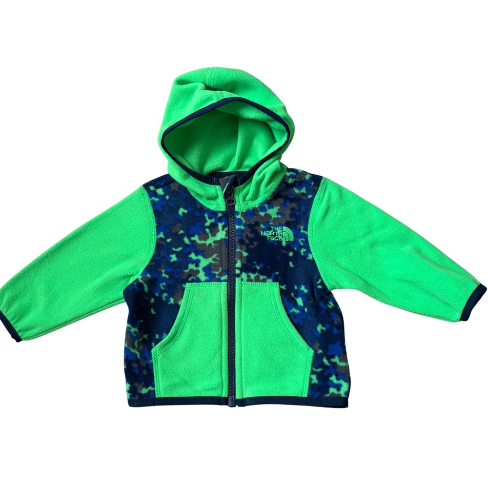 NEW The North Face Infant Glacier Fleece Hoodie Jacket Camo Neon Green Blue 3-6M